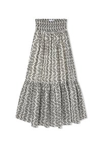 Gonna midi a righe bianche e nere con top arricciato, caratterizzata da un orlo a strati e design floreale a foglie su tessuto leggero.