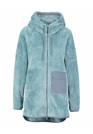 Jasnoniebieska długa kurtka z polaru z kapturem, zamkiem z przodu, ściągaczami i pojedynczą dużą prostokątną naszywaną kieszenią z przodu po prawej stronie.