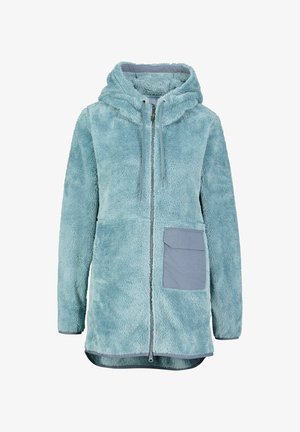 Lyseblå lang fleecejakke med hætte, lynlås foran, snore og en stor rektangulær lomme foran på højre side.