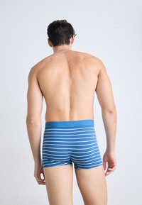 Mann, der mit dem Rücken zugewandt steht, trägt blau-weiß gestreifte Boxer-Shorts vor einem einfarbigen hellen Hintergrund.