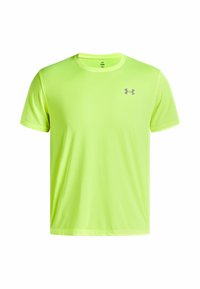Camiseta de manga corta y cuello redondo en un brillante color verde lima, hecha de un tejido ligero, con un pequeño logo gris en el lado izquierdo del pecho.