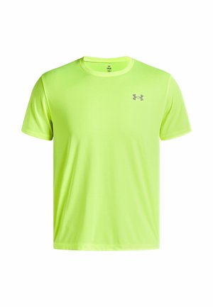 Kortærmet t-shirt med rund hals i klar limegrøn, lavet af letvægtsmateriale, med et lille gråt logo på venstre bryst.