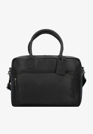 Bolso de cuero negro con dos asas superiores, correa de hombro ajustable, bolsillo frontal con cremallera y forma rectangular; textura suave con acentos mínimos.