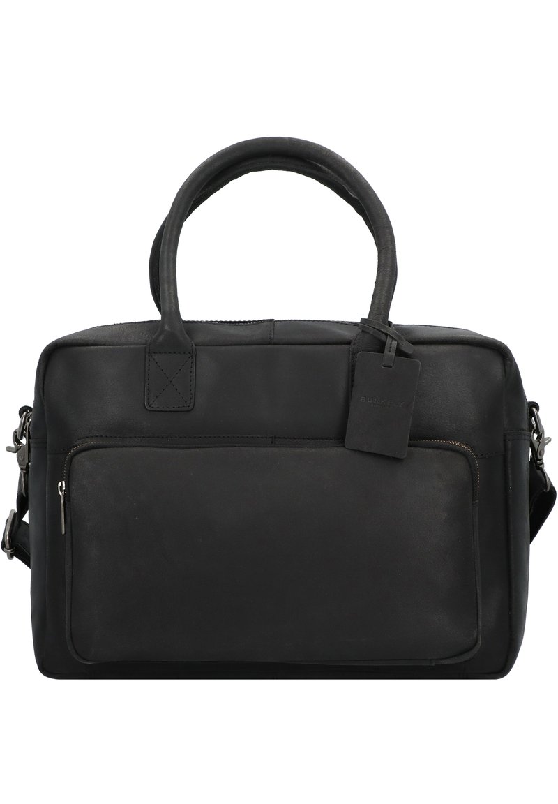 Schwarze Lederhandtasche mit zwei oberen Griffen, verstellbarem Schultergurt, vorderer Reißverschlusstasche und rechteckiger Form; glatte Textur mit minimalen Akzenten.