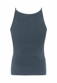 Débardeur bleu foncé côtelé avec fines bretelles, présentant une coupe ajustée et une texture lisse, s'étendant jusqu'à la hauteur des hanches.