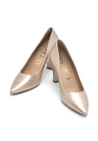 Baleriny w stylu ballet w jasno beżowej lakierowanej skórze, z ostrym czubkiem i teksturowaną wkładką, z blokowym obcasem dla stabilności.