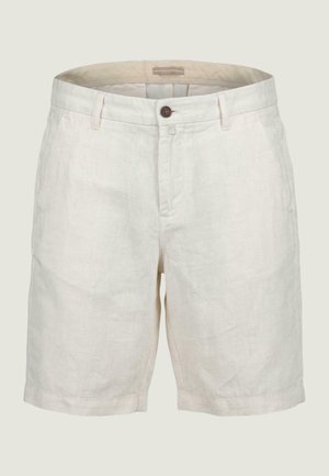 Pantalones cortos de lino beige para hombre con botón delantero, cremallera, trabillas para cinturón y bolsillos laterales, exhibidos sobre un fondo claro y liso.