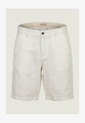 Pantalones cortos de lino beige para hombre con botón delantero, cremallera, trabillas para cinturón y bolsillos laterales, exhibidos sobre un fondo claro y liso.