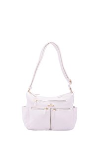 Borsa sintetica bianca e testurizzata con tracolla regolabile, due tasche frontali con zip e dettagli in metallo dorato.