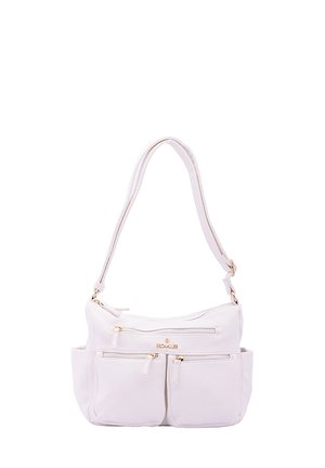 Borsa sintetica bianca e testurizzata con tracolla regolabile, due tasche frontali con zip e dettagli in metallo dorato.