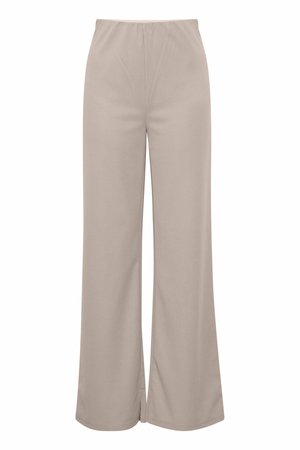 Heledad beez värvi laiad püksid elastse vöökohtaga ja kergete õmblusdetailidega, esitletud valge tausta ees.