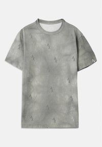 Grå bomulds T-shirt med diskret AX-logo mønster, rund halsudskæring, korte ærmer og en afslappet pasform. Glat tekstur med en let falmet stil.