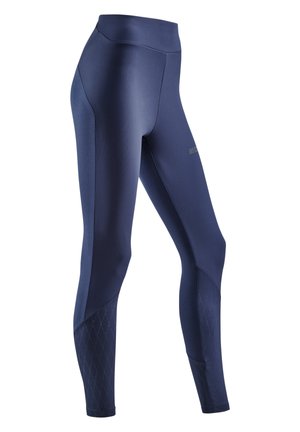 Navy athletic leggings with a high waistband. Smooth fabric features textured diamond pattern accents on lower legs and side panels.