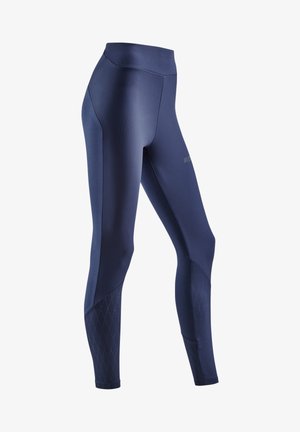 Navy athletic leggings with a high waistband. Smooth fabric features textured diamond pattern accents on lower legs and side panels.