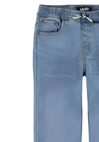 Ljusblå denimjeans med elastisk midja, snodd att dra i och framfickor. Slät yta med minimala sömnadsdetaljer.
