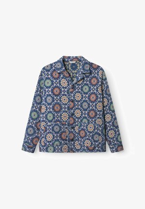 Jacket s květinovým vzorem v modré, červené a zelené barvě. Vyrobeno z texturované látky, s límcem a zapínáním na knoflíky. Dlouhé rukávy.