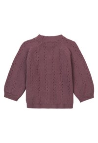 Strikket sweater i støvet rosa farve med rund hals, lange ærmer og et hulmønster overalt. Ribbet manchetter og kant.