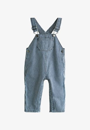 Blue and white striped overalls made of fabric, featuring adjustable straps, front pocket, and metal snap buttons. Classic dungaree design.