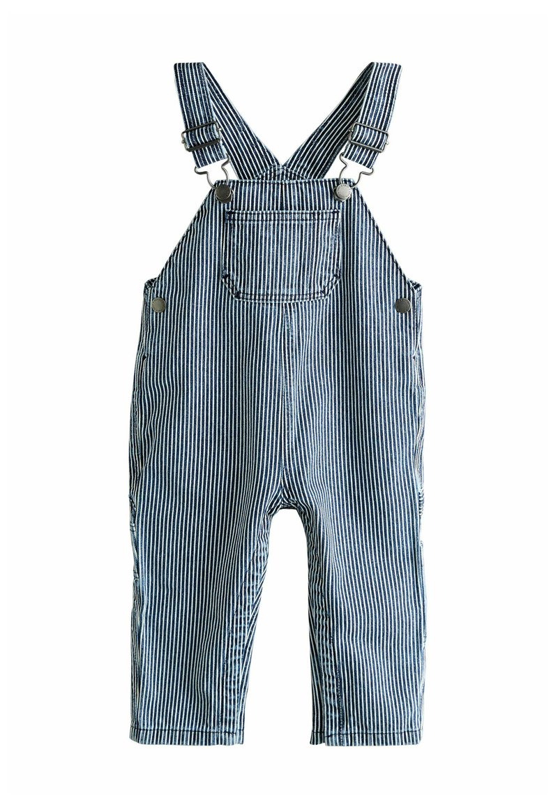 Blaue und weiße gestreifte Latzhosen aus Stoff, mit verstellbaren Trägern, einer Vordertasche und metallischen Druckknöpfen. Klassisches Latzhosen-Design.