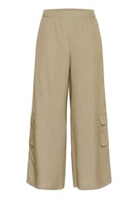 Pantalons cargo large couleur marron clair en tissu texturé, dotés d'une taille élastique et de poches latérales à rabat.