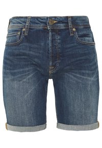 Donkerblauwe denimshorts met opgerolde mouwen, een knoop en rits aan de voorkant, en een vijf-pocket ontwerp met zichtbare stiksels.