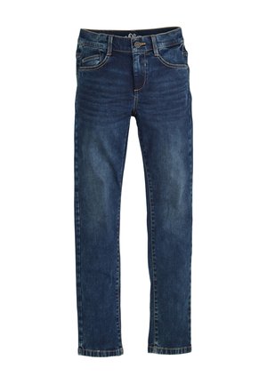 Dunkelblaue Denim-Jeans im geraden Schnitt, mit fünf Taschen, einem Reißverschluss und kontrastierenden Nähten.