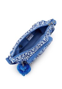 Borsa a tracolla blu con motivo floreale, chiusure con zip e un morbido portachiavi pompon blu. Interno in tessuto soffice. Cinghia regolabile.