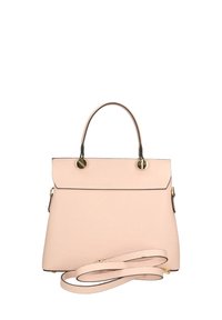 Borsa a tracolla in pelle rosa con una forma strutturata, accessori in oro e una tracolla rimovibile. Presenta un flap con due chiusure rotonde.