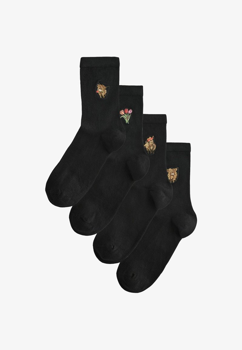 Četiri crne čarape s izvezenim dizajnima: bik s ružom, buket tulipana, bik s crvenom kapom i glava škotskog goveda.