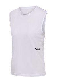 Hvid ærmeløs sports top med rund halsudskæring og lille sort "hummel" logo på nederste højre side.