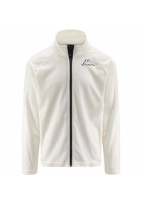Giacca di fleece bianca con colletto alto, zip frontale e logo nero sul lato sinistro del petto. Presenta maniche raglan e una texture liscia.