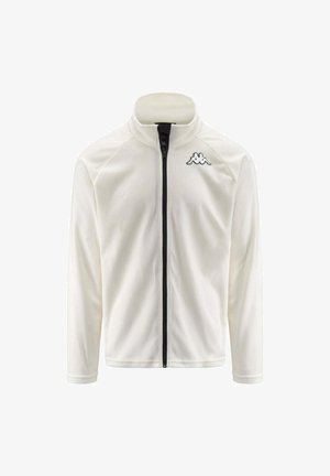 Giacca di fleece bianca con colletto alto, zip frontale e logo nero sul lato sinistro del petto. Presenta maniche raglan e una texture liscia.