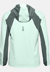 Veste vert menthe clair avec des accents gris, capuche et détails de lignes verticales dans le dos. Fabriquée en matériau athlétique lisse avec un design ajusté.