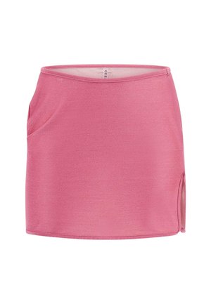 Ružová mini sukňa vyrobená z lesklého, elastického materiálu. Obsahuje postranný rozparek a hladký pás. Jednoduchý, priliehavý strih.
