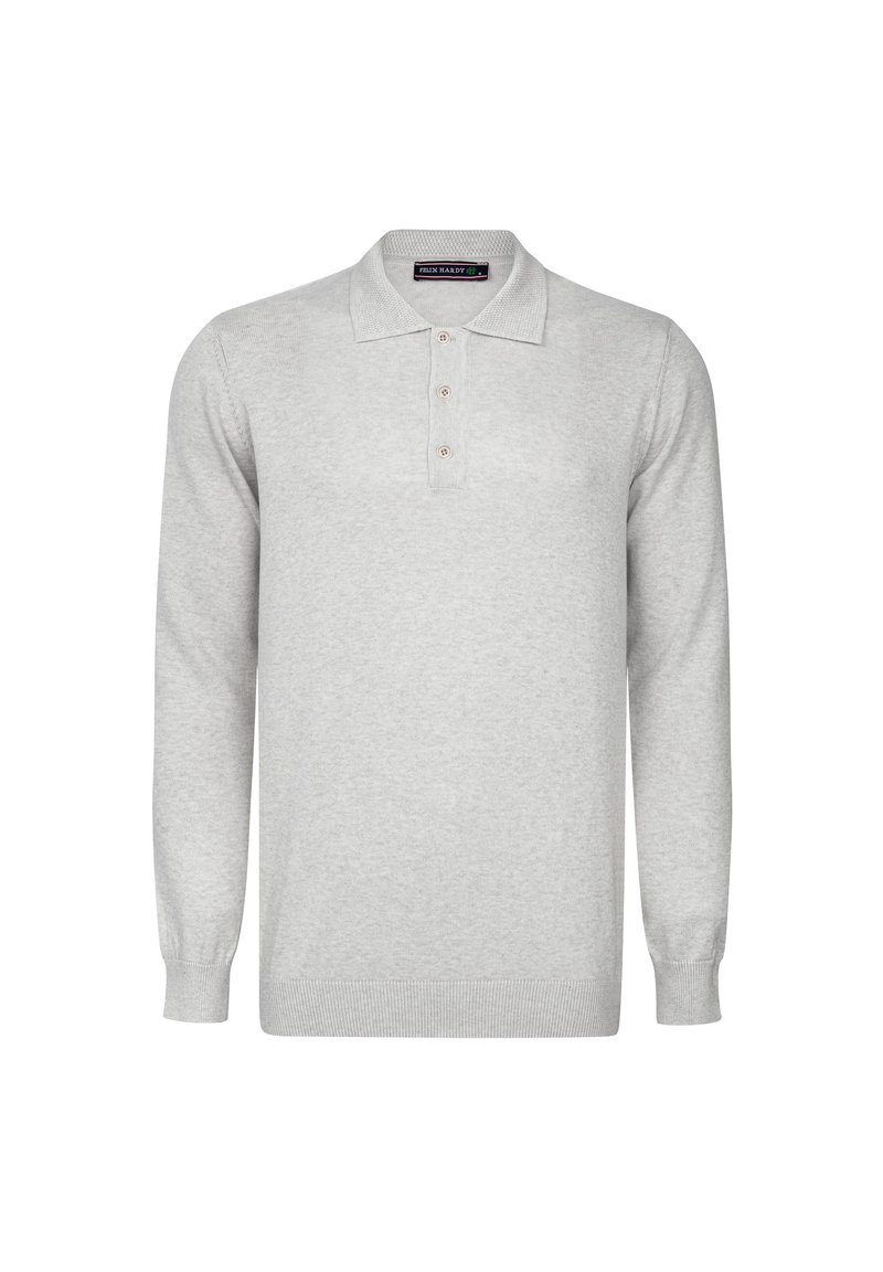 Lys grå langermet polo sweater lavet af blødt stof, med en klassisk krave, tre-knaps placket og ribbede manchetter og kant.