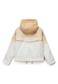 Tofarvet beige og off-white hættetrøje med lange ærmer og justerbare snore i kanten, vist bagfra.