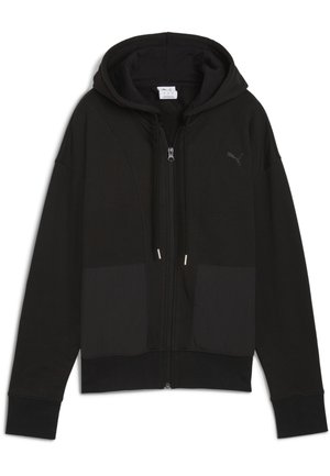 Sort zip-up hoodie i blødt stof, med hætte og kontrasterende matte paneler foran. Indeholder lynlåslommer og logodetalje.