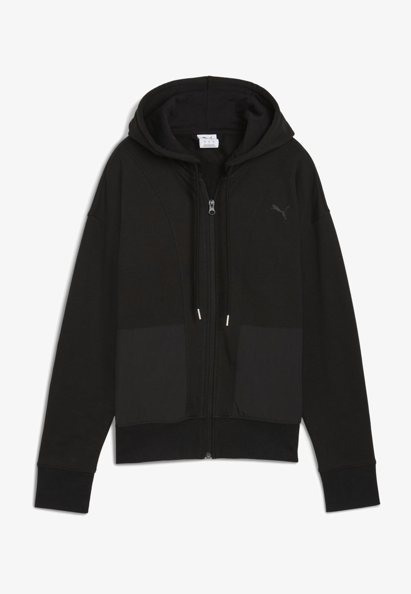 Sudadera con cremallera negra, confeccionada con una tela suave, que cuenta con capucha y paneles mate en contraste en la parte delantera. Incluye bolsillos con cremallera y detalle del logo.