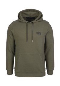 Felpa verde oliva con tasca frontale, cordini, polsini a costine e logo "KARL LAGERFELD" sul lato sinistro del petto.