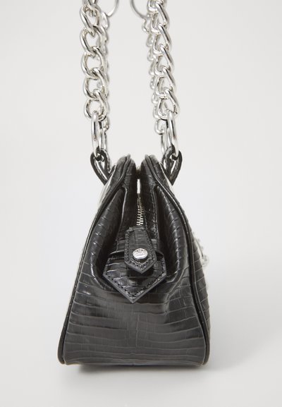 Black faux crocodile leather handbag with a silver chain handle, zip closure, and a diamond-shaped hardware accent. Triangular shape.