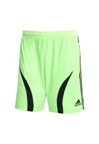 Neon green athletic shorts with black accents, featuring an elastic waistband and side slits for ease of movement. Adidas logo on hem.
