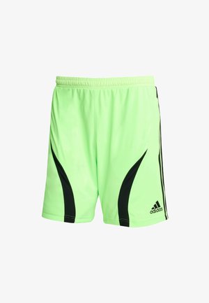 Neon groene sportshorts met zwarte accenten, voorzien van een elastische tailleband en zijsplitten voor bewegingsgemak. Adidas-logo aan de zoom.