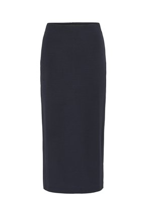 Jūras zila zīmuli svārki, kas izgatavoti no gludas auduma, ar pieguļošu dizainu un ceļa garuma siluetu, ar vienkāršu apakšējo malu un bez rakstiem.