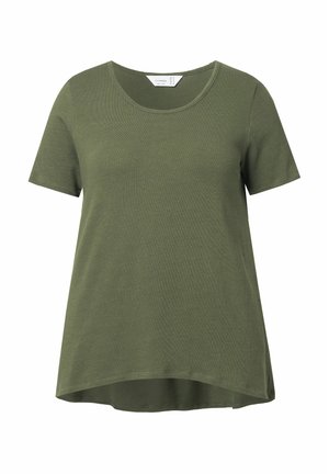 Olivgrünes T-Shirt mit kurzen Ärmeln, Rundhalsausschnitt und lockerer Passform. Der Stoff wirkt weich mit einer glatten Textur und einem leicht abgerundeten Saum.