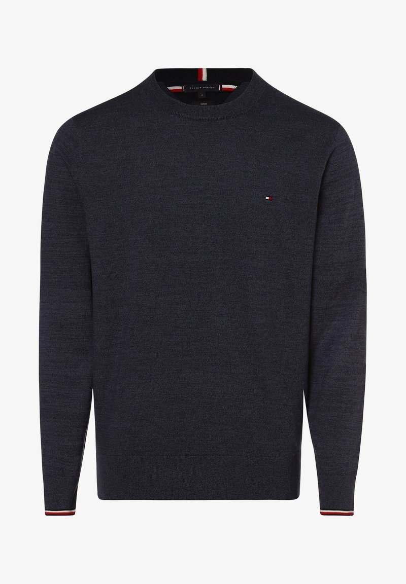 Pull bleu marine à col rond avec petit logo brodé sur la poitrine, poignets côtelés avec détails en rayures rouge, blanc et bleu marine.
