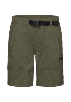 Olivgrüne Shorts aus leichtem Material mit einem elastischen Bund und einem schwarzen Schnallenriemen. Enthält zwei Vordertaschen und Logodetails.