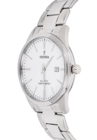 Sidabrinis nerūdijančio plieno laikrodis su baltu ciferblatu, minimalistiniais žymekliais, datos rodymu ir sujungtu apyranke. Atsparus vandeniui iki 5 barų.