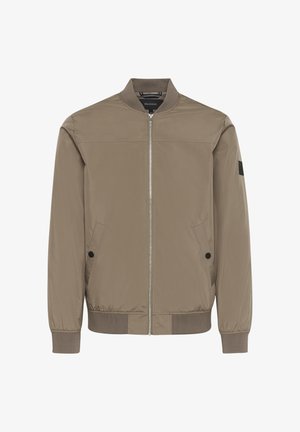 Kurtka bomber w jasnobrązowym kolorze, o gładkim, matowym wykończeniu. Posiada zamek błyskawiczny z przodu, prążkowane mankiety oraz dwie boczne kieszenie z zapięciem na guziki.