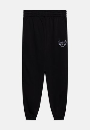Pantalones de chándal negros de Nike con cintura elástica, bolsillos laterales y logotipo en blanco con acentos de laurel en el muslo izquierdo.