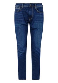 Jeans de mezclilla azul oscuro, corte recto, diseño de cinco bolsillos, cuenta con un cierre de botón y trabillas para el cinturón, con un sutil efecto de desgaste y detalles de costura.